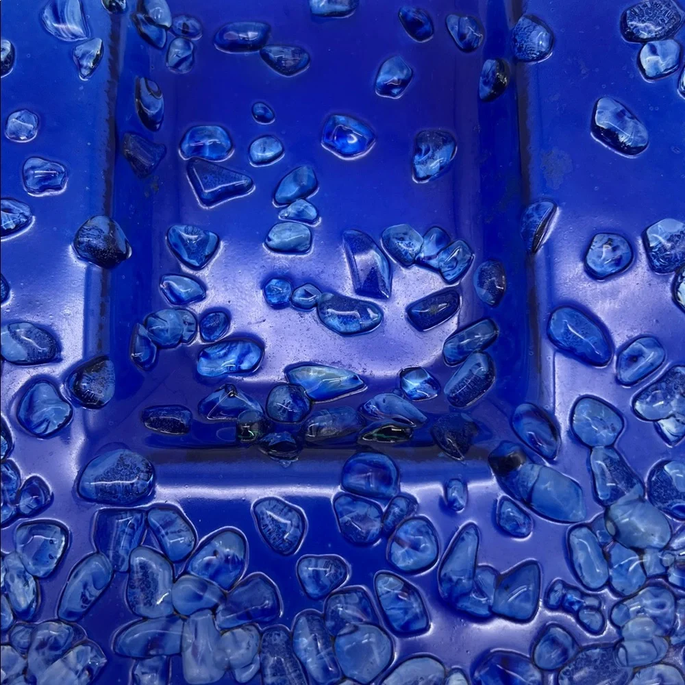 Fused Glass Art Tray Serving Platter with Pebble Finish and Blue Daisy Design